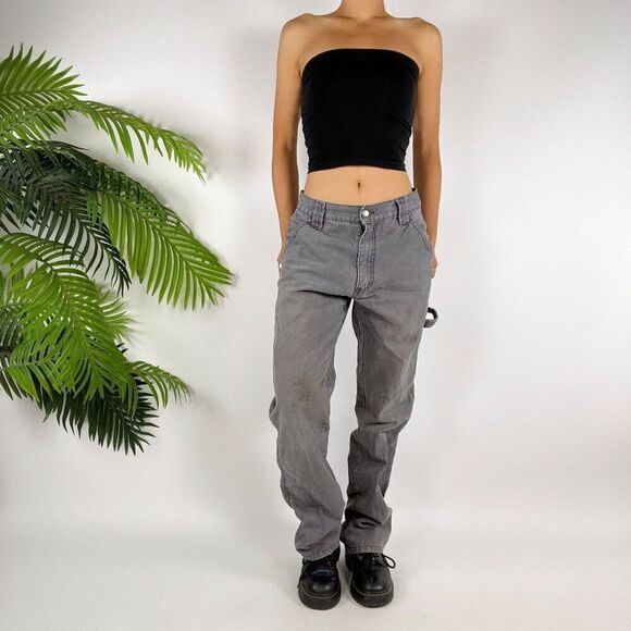 Vintage 90s Grunge Gorpcore Low Rise Gray Distressed Carpenter Cargo Jeans / 6 - Picture 1 of 7